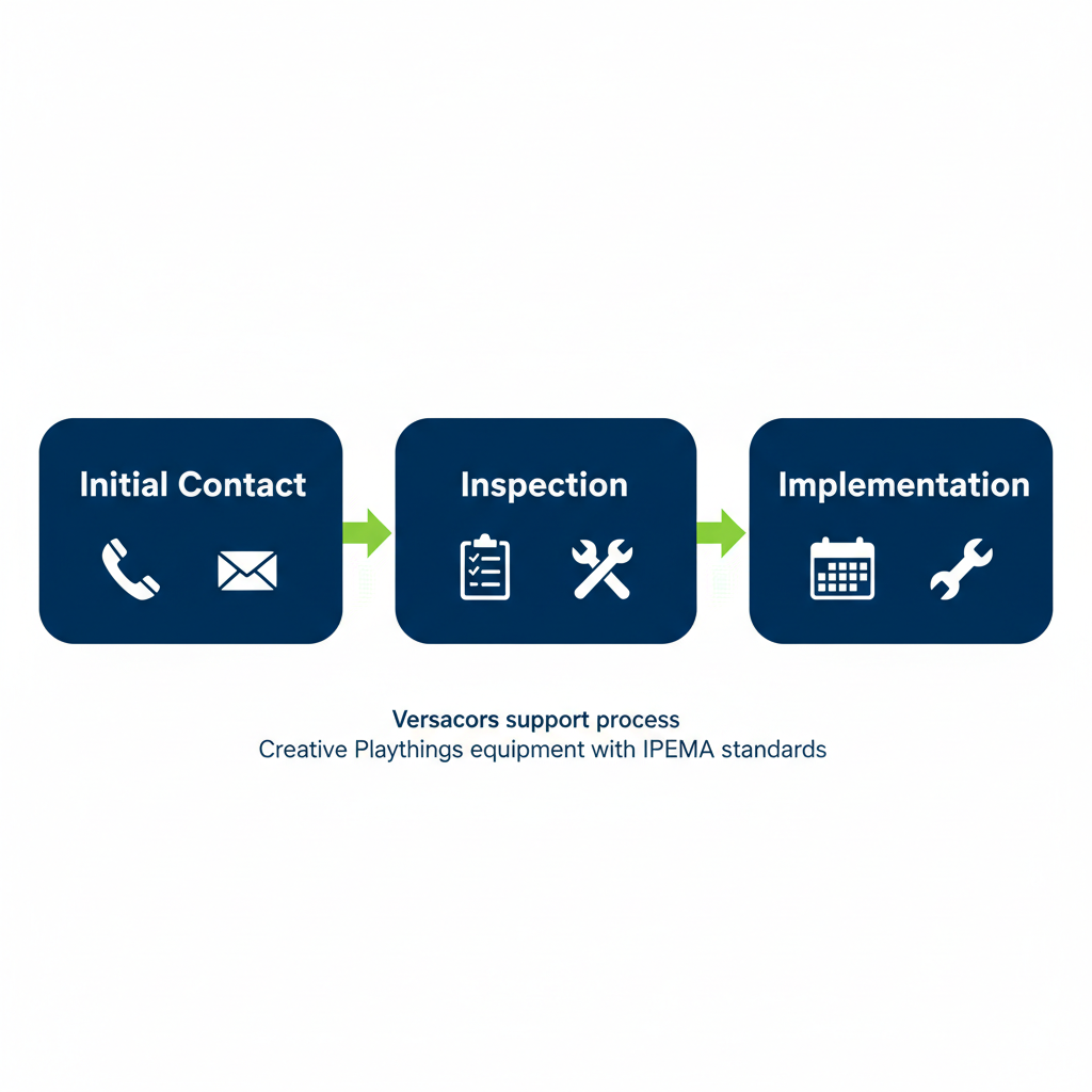Horizontal process flow diagram showing three stages of Versacor's support process for playground equipment: initial contact, inspection, and implementation with icons and green arrows.