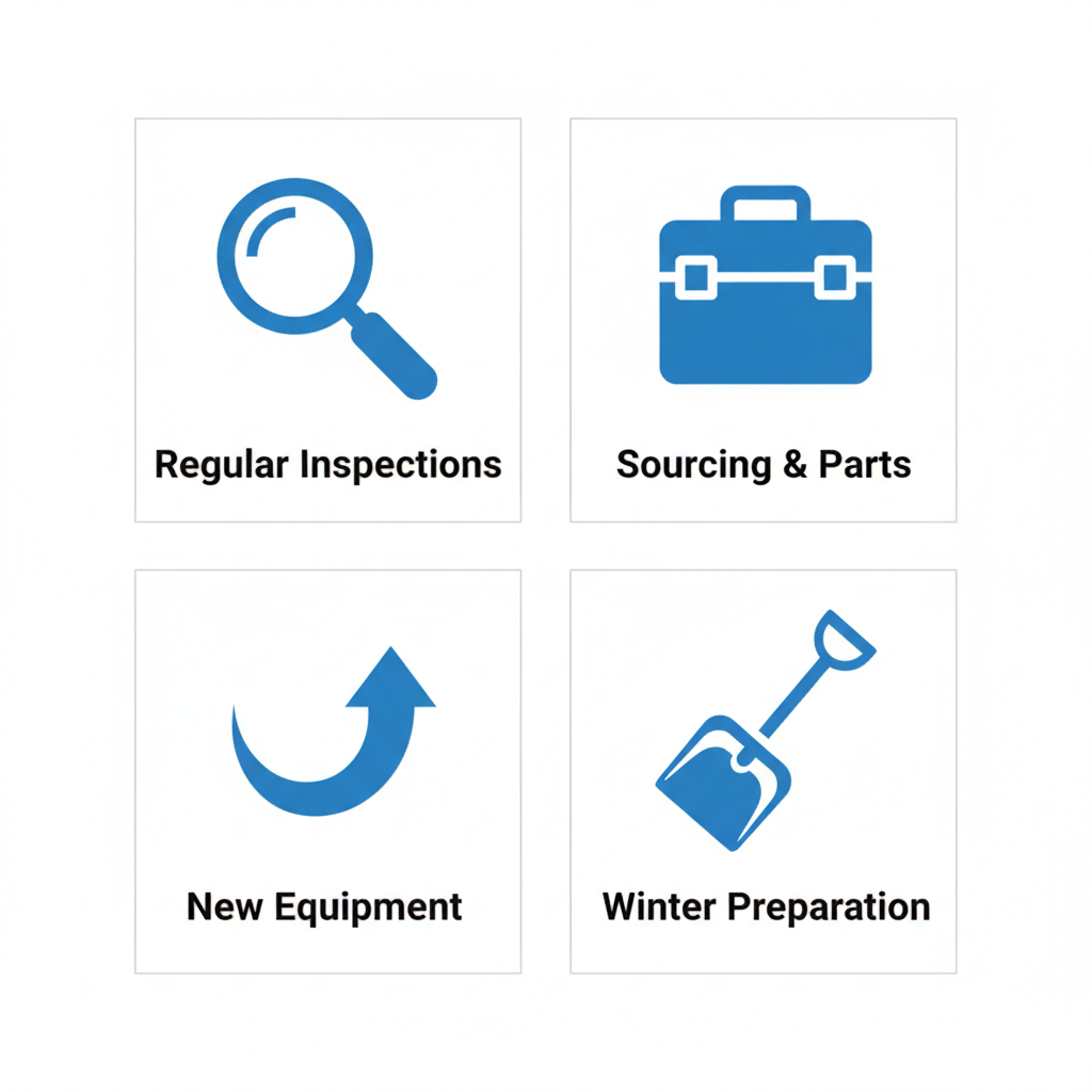 Grid of icons showing best practices for playground maintenance: inspections with magnifying glass, toolbox for parts, arrow for upgrades, snow shovel for winter prep.