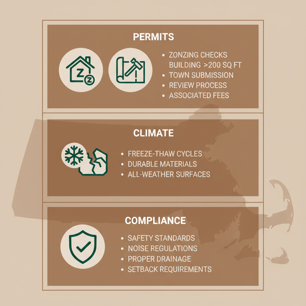 Infographic outlining key local considerations including permits, climate factors, and compliance for backyard basketball courts in Massachusetts with icons and minimal labels.