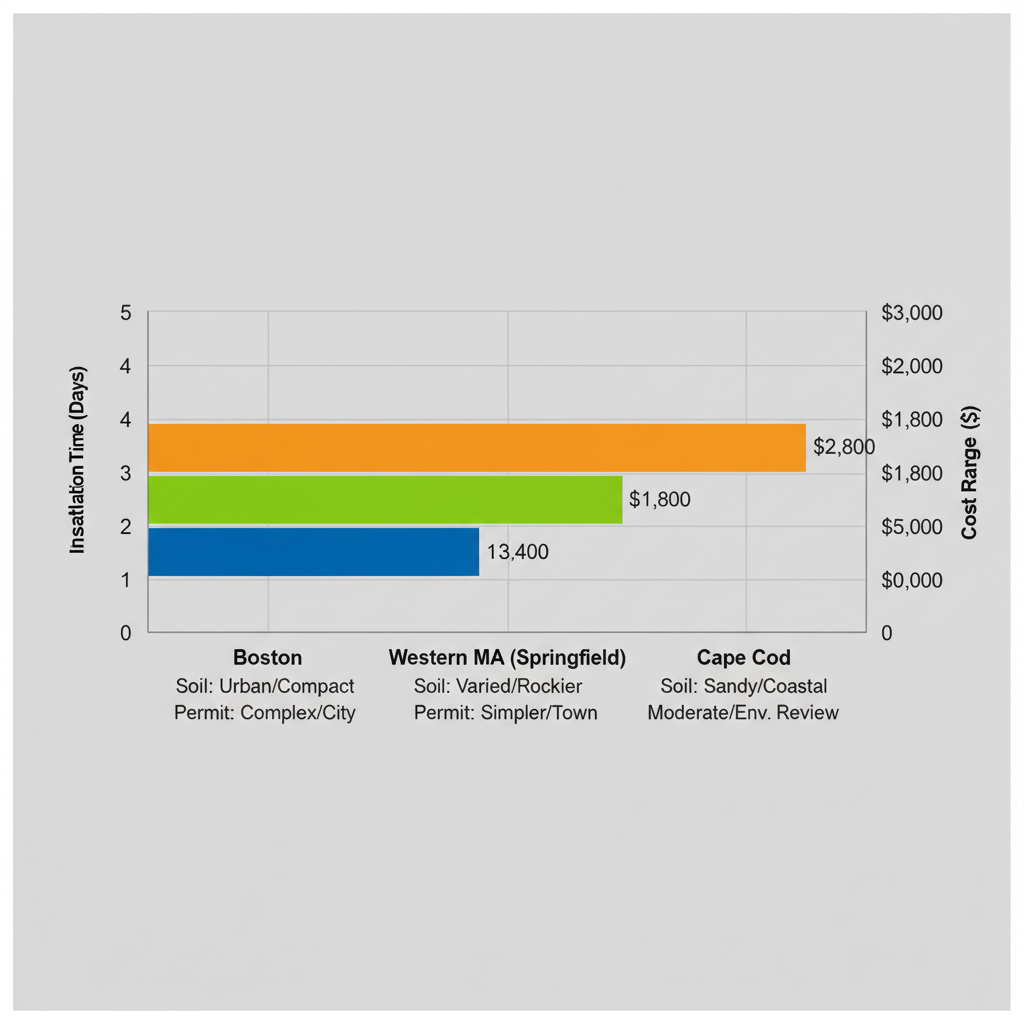 Horizontal bar chart comparing basketball hoop installation time and cost across Boston, Western MA, and Cape Cod areas in Massachusetts