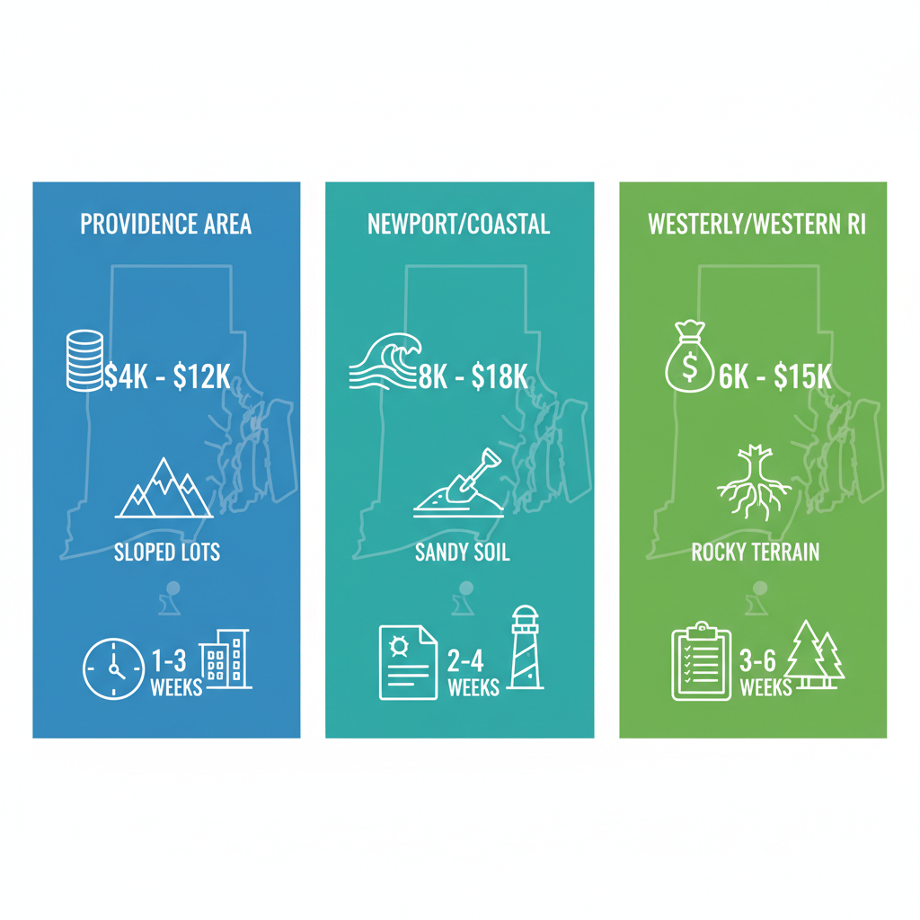 Infographic comparing playground installation costs, terrain challenges, and permit complexities in Providence, Newport/Coastal, and Westerly/Western Rhode Island regions.