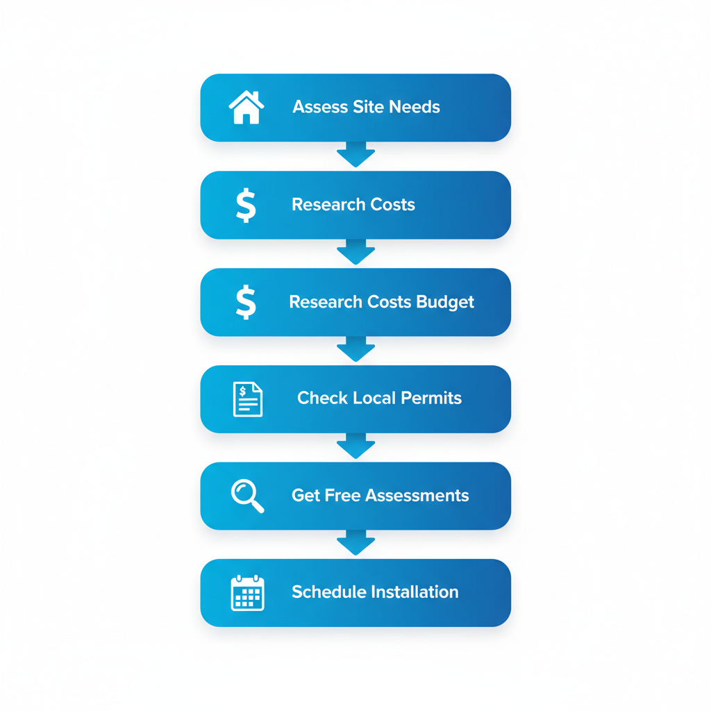 Vertical process flow diagram illustrating five steps to begin playground installation in Rhode Island, including site assessment, budgeting, permits, assessments, and scheduling.