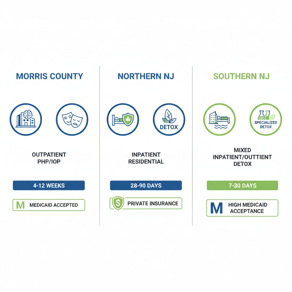 Infographic comparing addiction treatment options in Morris County, Northern New Jersey, and Southern New Jersey with program types, durations, and insurance.