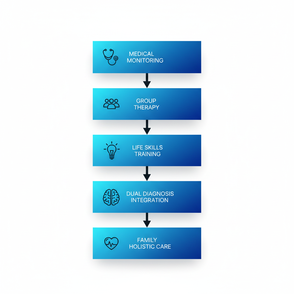 Vertical process flow diagram of five stages in inpatient addiction treatment: medical monitoring, group therapy, life skills training, dual diagnosis integration, and family holistic care.