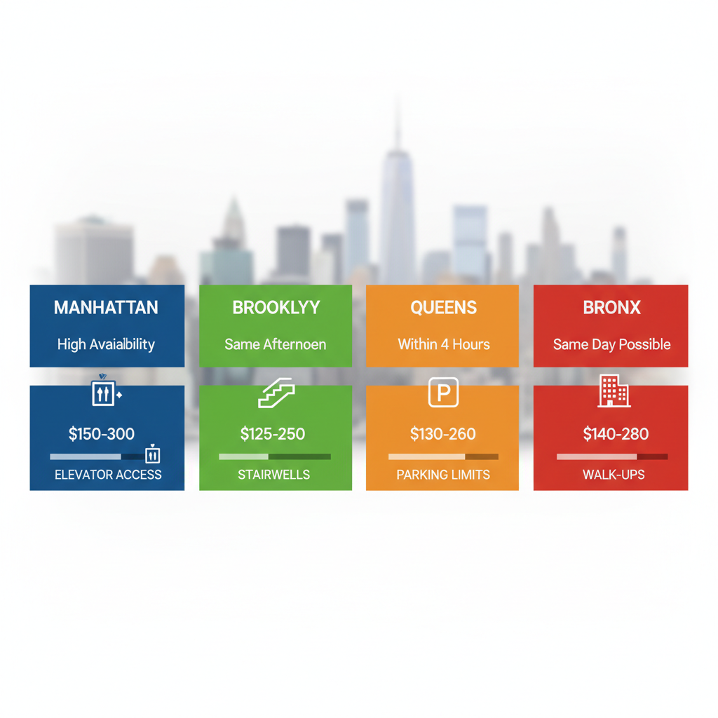 Infographic comparing junk removal services, costs, availability, and challenges across NYC boroughs: Manhattan, Brooklyn, Queens, and Bronx.