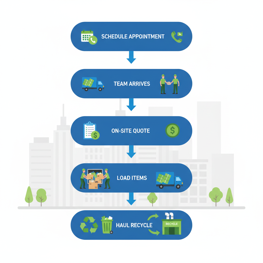 Vertical process flow diagram illustrating the five steps of same-day junk removal service in New York City, including scheduling, arrival, assessment, loading, and hauling with recycling.