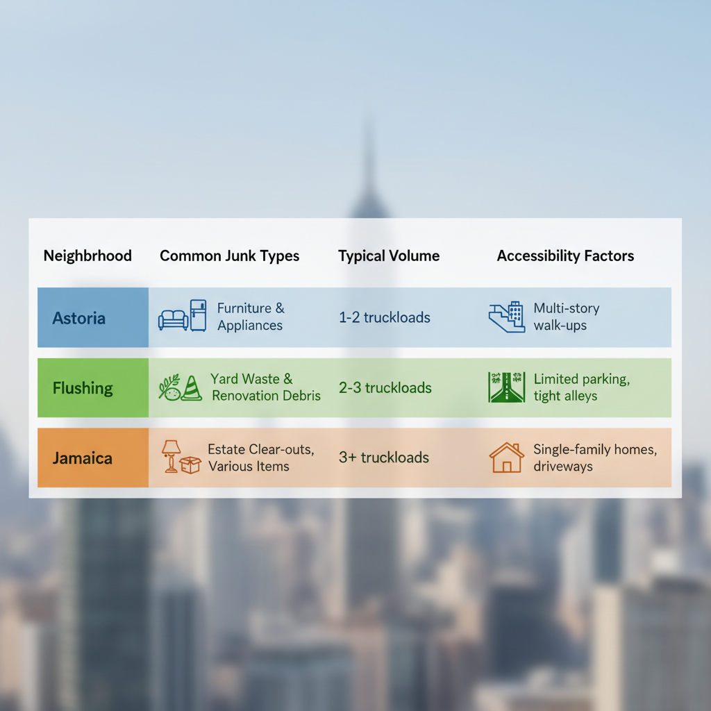 Infographic comparing junk removal needs across Astoria, Flushing, and Jamaica neighborhoods in Queens, NY