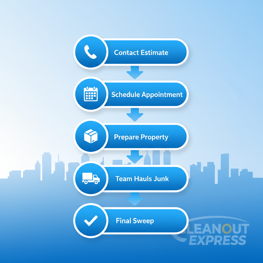 Vertical process flow illustrating five steps to start junk removal services in Queens, NY: contact for estimate, schedule appointment, prepare property, team hauls junk, and final sweep.