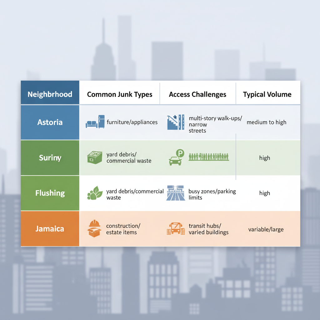 Infographic showing junk removal challenges in Astoria, Flushing, and Jamaica neighborhoods of Queens, with columns for junk types, access issues, and volumes.