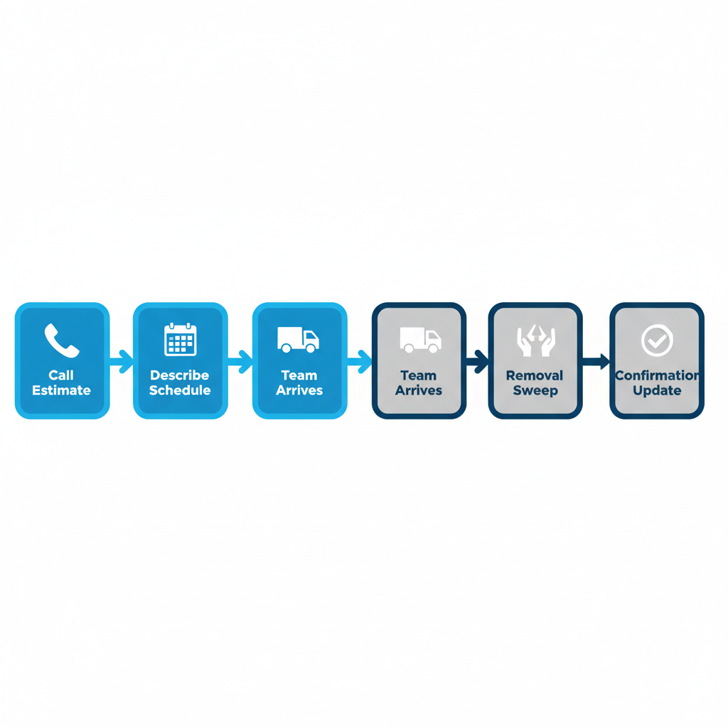 Horizontal process flow diagram illustrating five steps for same-day junk removal service in Queens: calling for estimate, describing items, team arrival, removal and sweep, and confirmation.