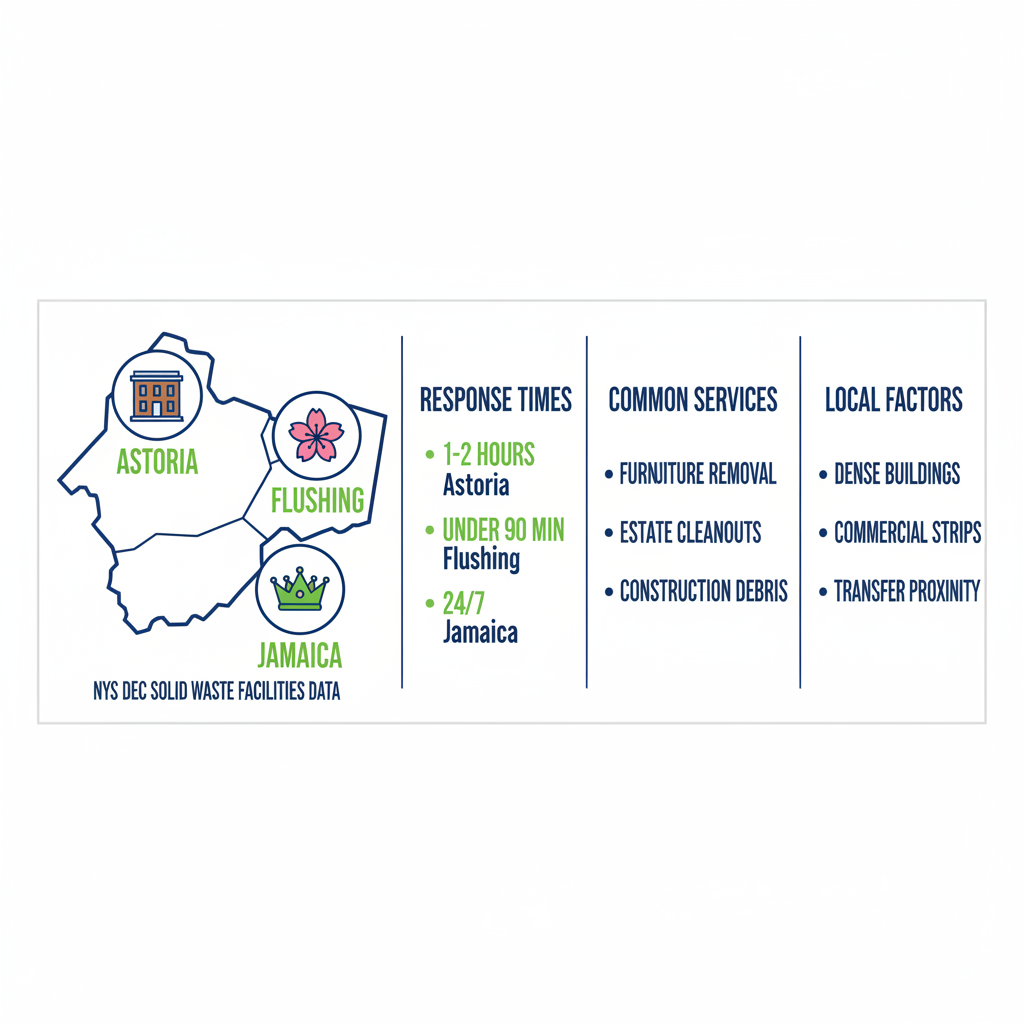 Infographic displaying junk removal service coverage in Queens neighborhoods of Astoria, Flushing, and Jamaica, including response times and services.