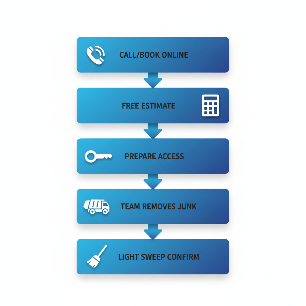 Vertical process flow diagram illustrating five steps to arrange junk removal in Queens, New York