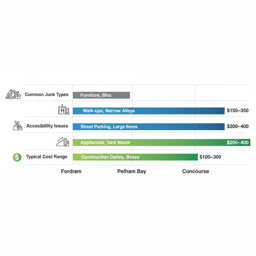 Horizontal bar chart comparing rubbish removal aspects across Fordham, Pelham Bay, and Concourse in the Bronx