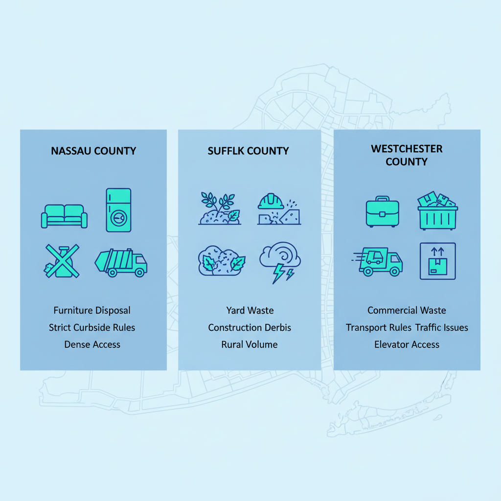 Infographic illustrating variations in junk removal services across Nassau County, Suffolk County, and Westchester areas in Long Island, NY