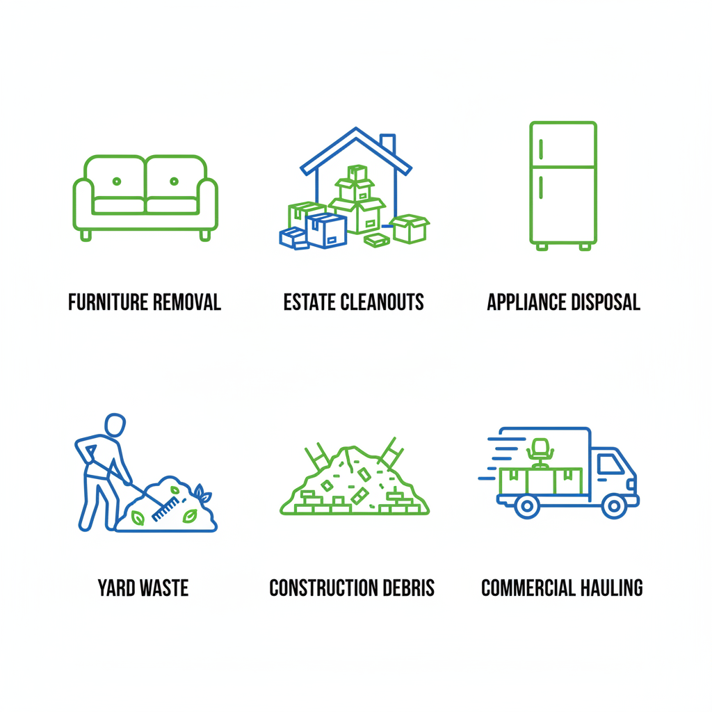 Grid of six outline icons depicting junk removal services: furniture, estate cleanouts, appliances, yard waste, construction debris, and commercial hauling.