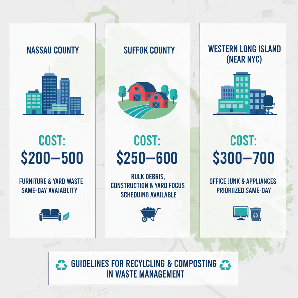 Infographic comparing rubbish removal services, costs, and availability across Nassau, Suffolk, and Western Long Island areas