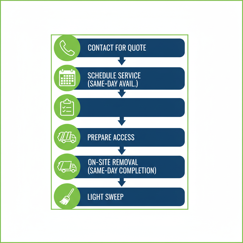 Vertical process flow diagram illustrating five steps for rubbish removal in Long Island with icons and minimal labels