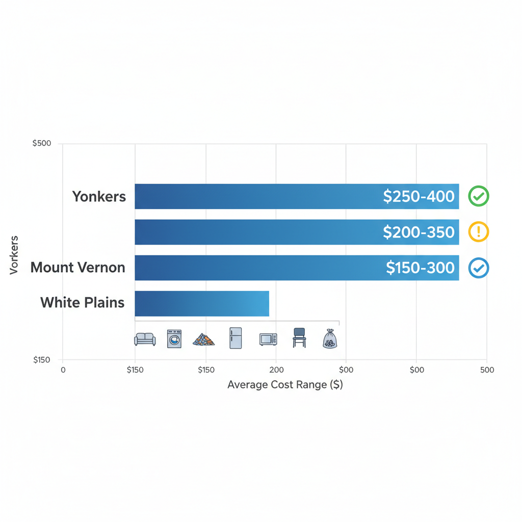 Horizontal bar chart comparing junk removal costs, availability, and types across Yonkers, Mount Vernon, and White Plains in Westchester.
