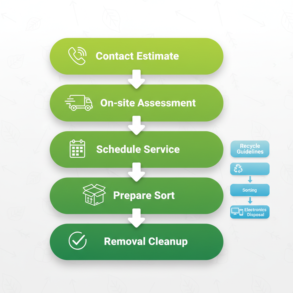 Vertical process flow diagram illustrating five steps for starting junk removal in Westchester: contact for estimate, on-site assessment, schedule service, prepare and sort items, removal and cleanup, with icons and green gradients.