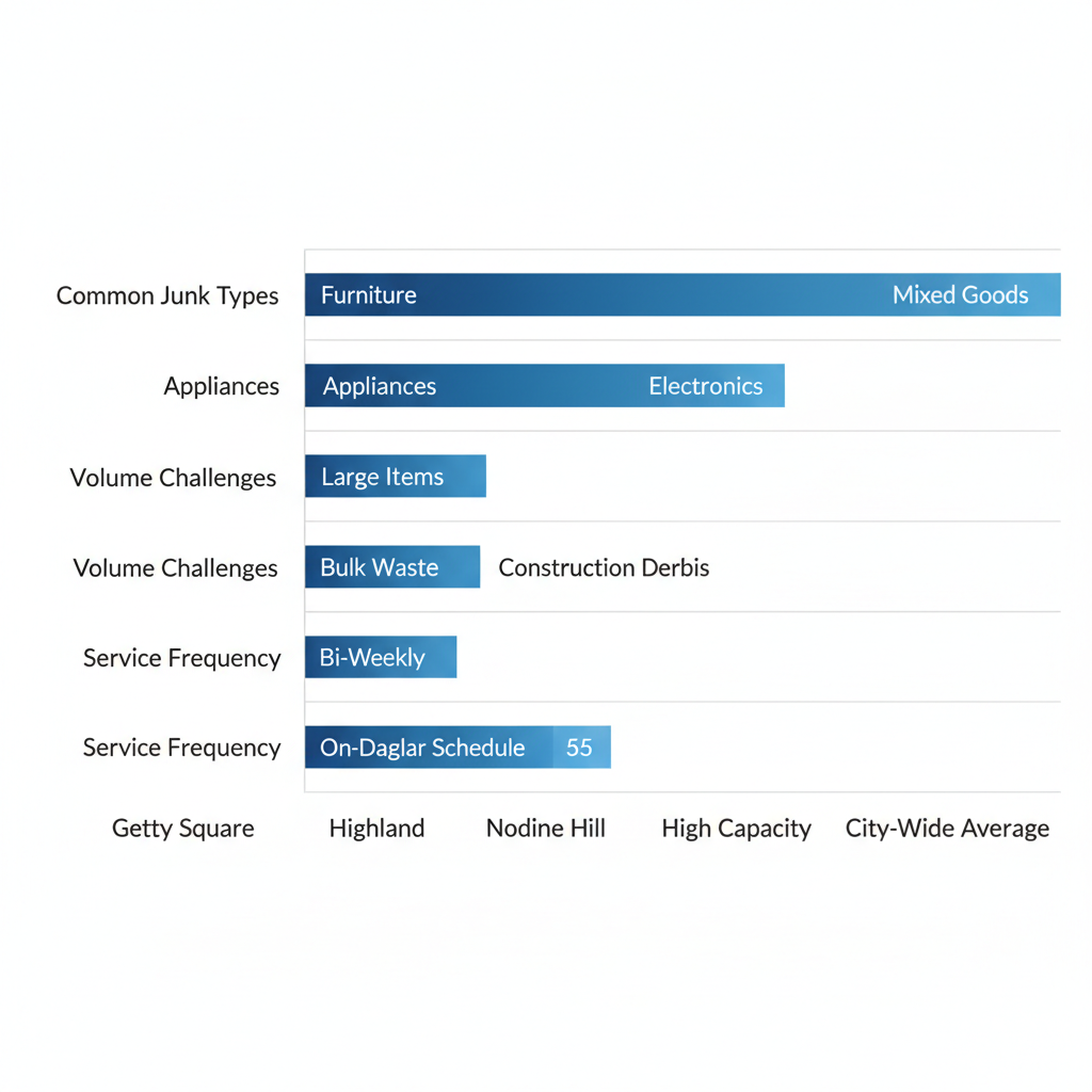 Horizontal bar chart comparing junk removal needs across Yonkers neighborhoods including common junk types, volume challenges, and service frequency.