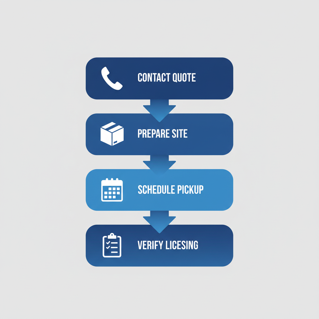 Vertical process flow diagram illustrating four steps to arrange junk removal service: contact for quote with phone icon, prepare site with box icon, schedule pickup with calendar icon, and verify licensing with checklist icon, in blue rounded rectangles on light gray background.