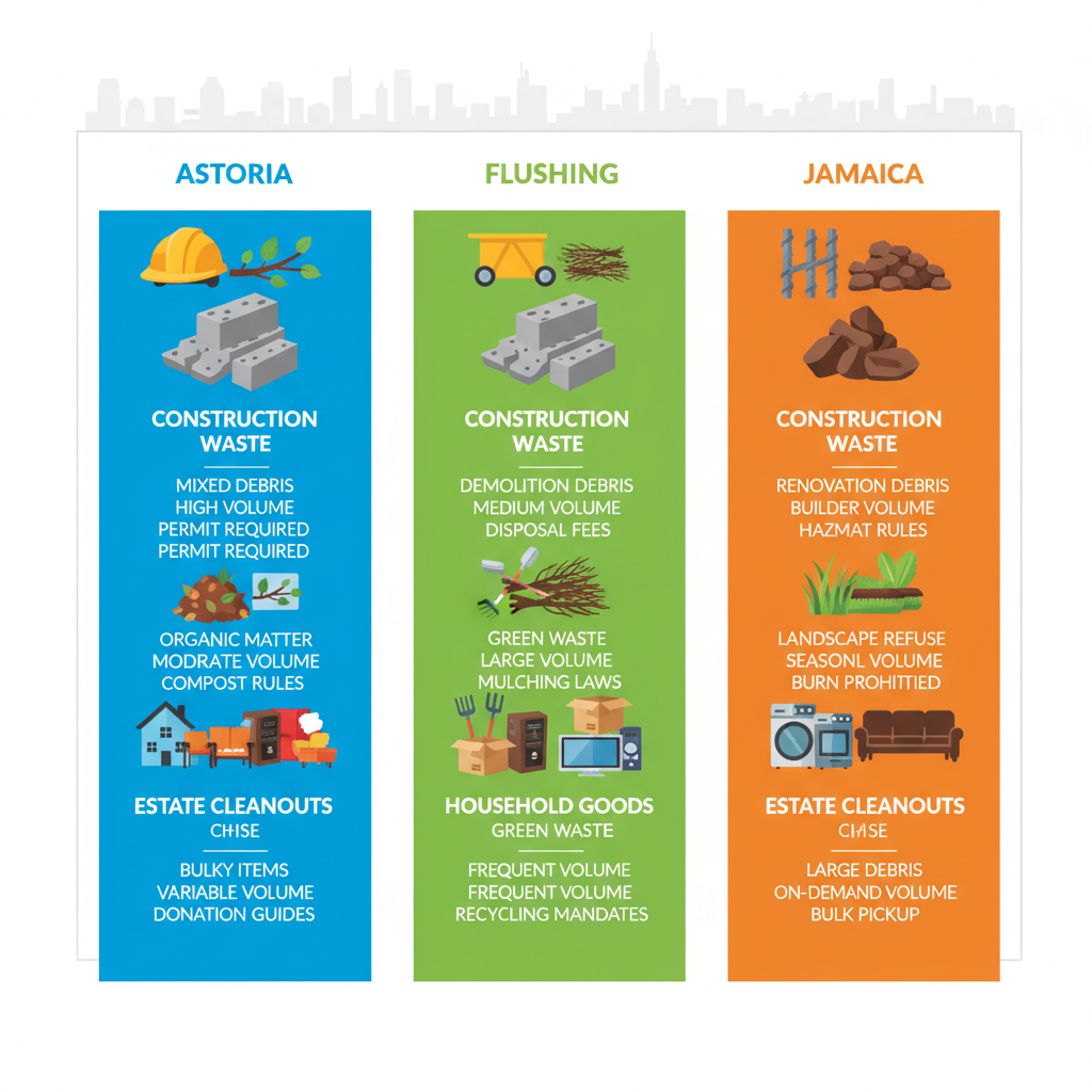 Infographic comparing common debris challenges in Astoria, Flushing, and Jamaica neighborhoods of Queens with icons and brief notes on types, volumes, and regulations.