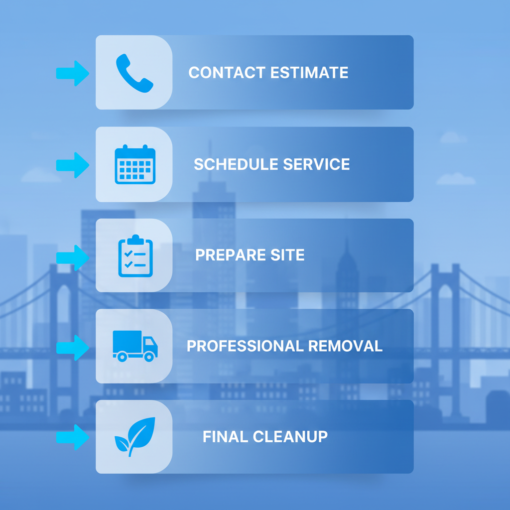 Vertical process flow diagram showing five steps for starting a debris removal project in Queens with icons and labels.