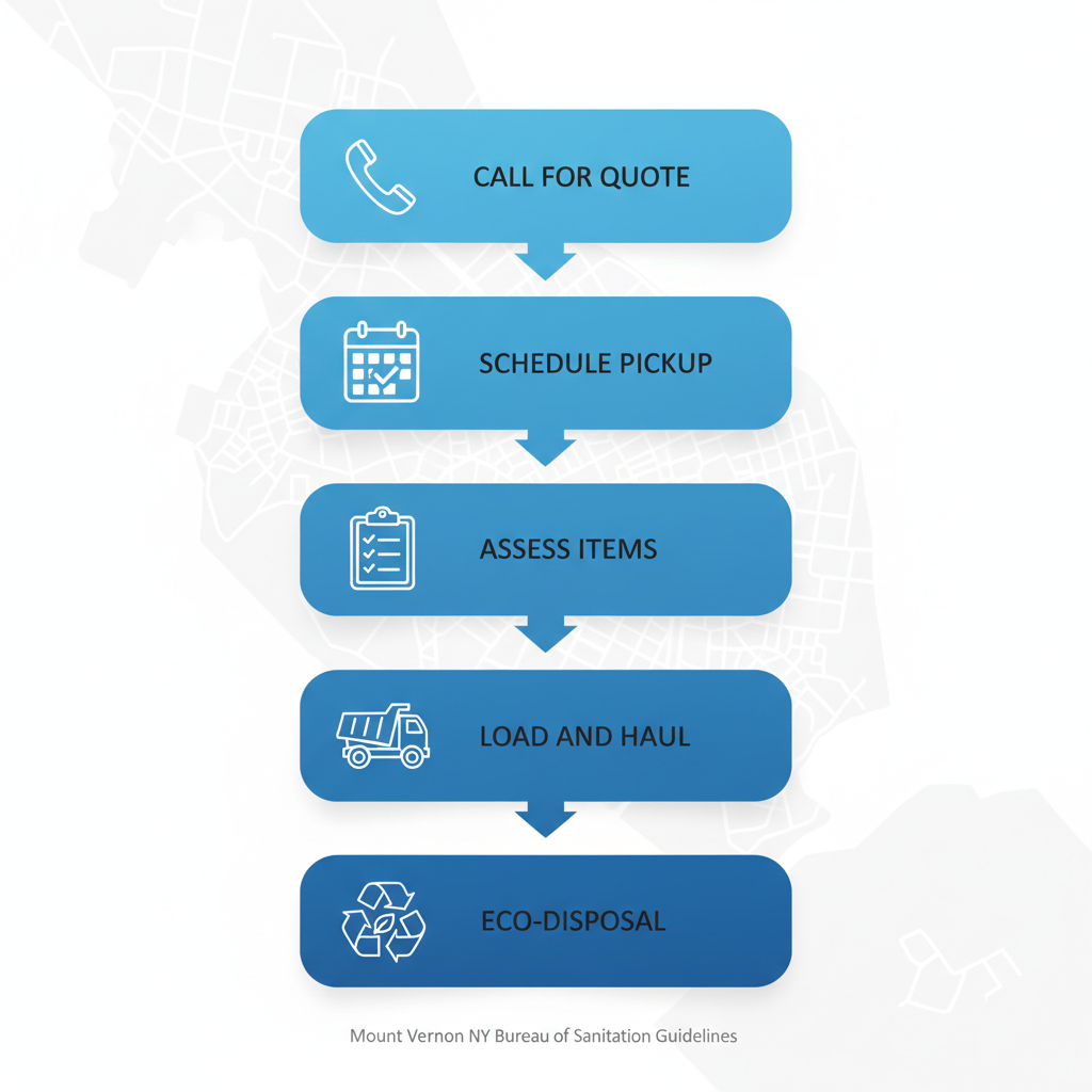 Vertical process flow diagram showing five steps for junk removal in Mount Vernon, NY: calling for quote, scheduling, assessing items, loading and hauling, and eco-disposal.