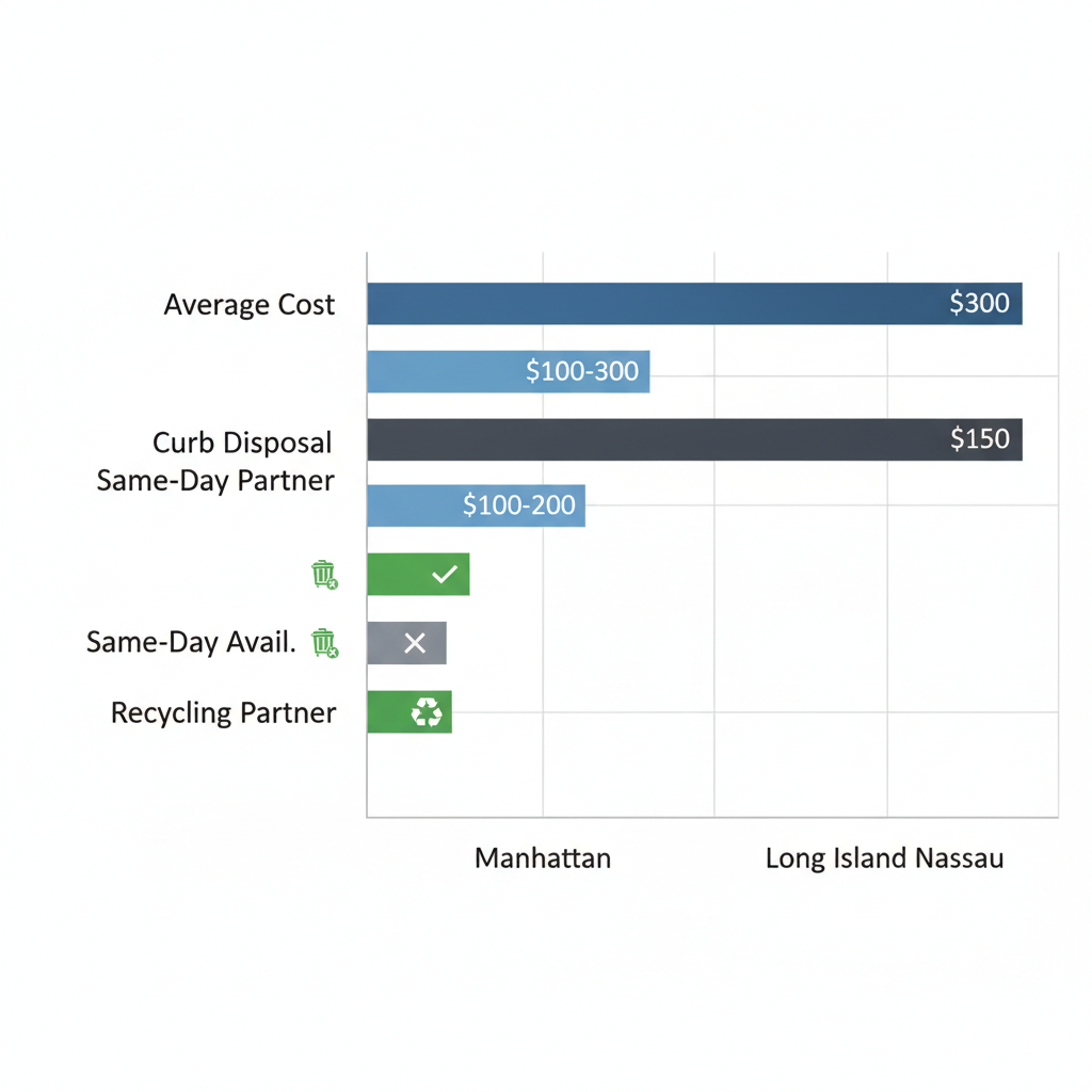 Horizontal bar chart comparing furniture removal costs, disposal rules, same-day availability, and recycling options in Manhattan, Brooklyn, and Nassau Long Island.