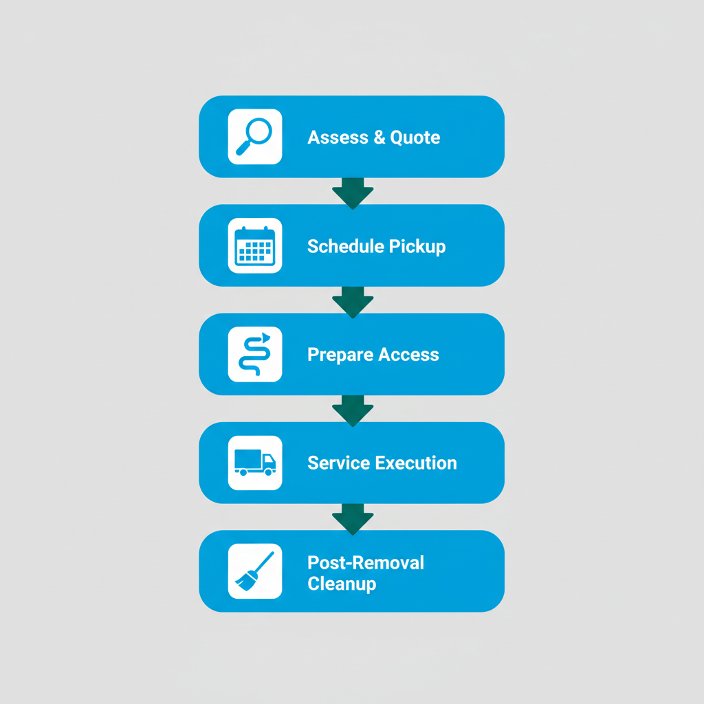Vertical process flow diagram illustrating five steps for arranging furniture removal with icons and arrows.