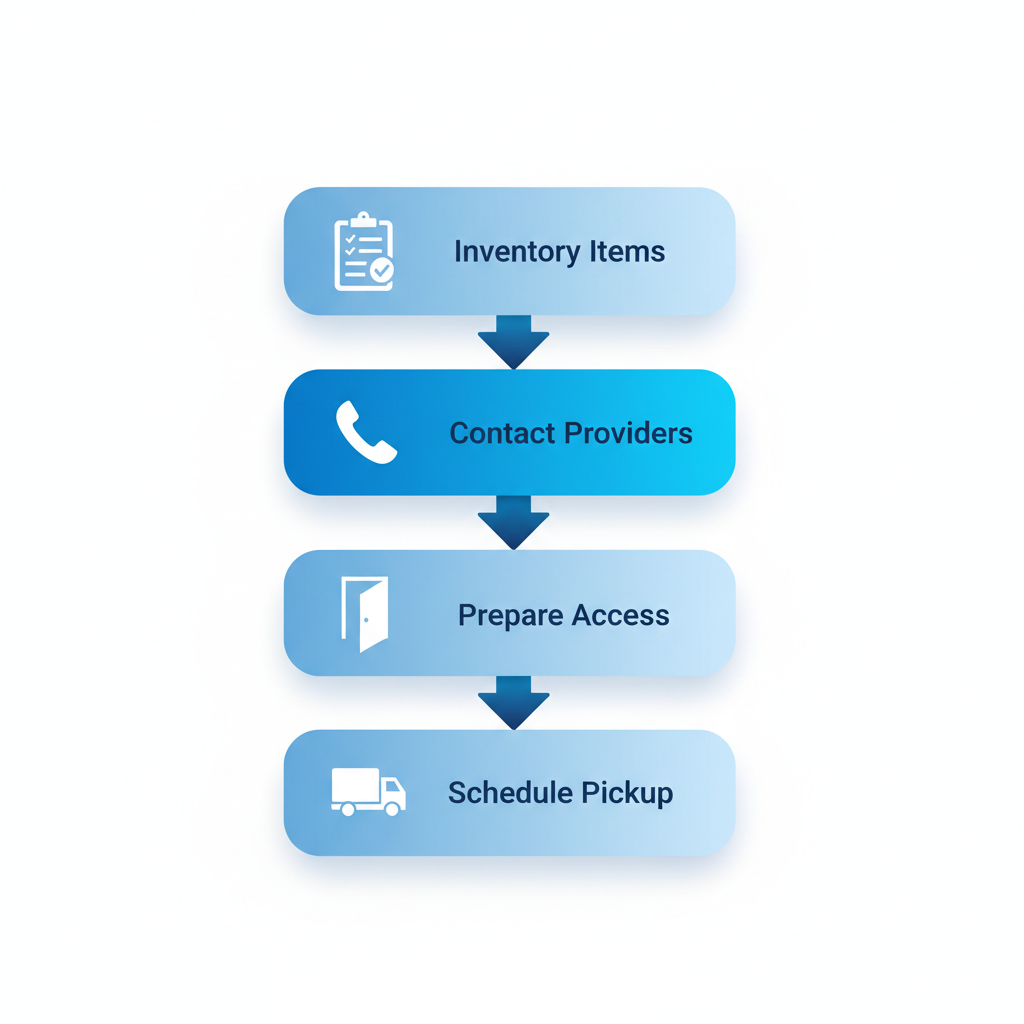 Vertical process flow diagram illustrating four steps for starting furniture removal: inventory items with clipboard icon, contact providers with phone icon, prepare access paths with doorway icon, and schedule pickup with truck icon.