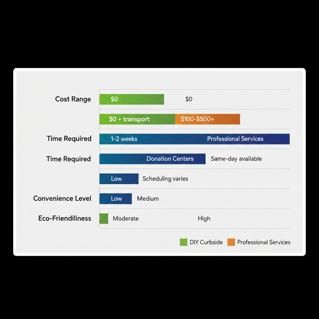 Horizontal bar chart comparing cost, time, convenience, and eco-friendliness of DIY curbside, donation, and professional furniture removal options in Brooklyn