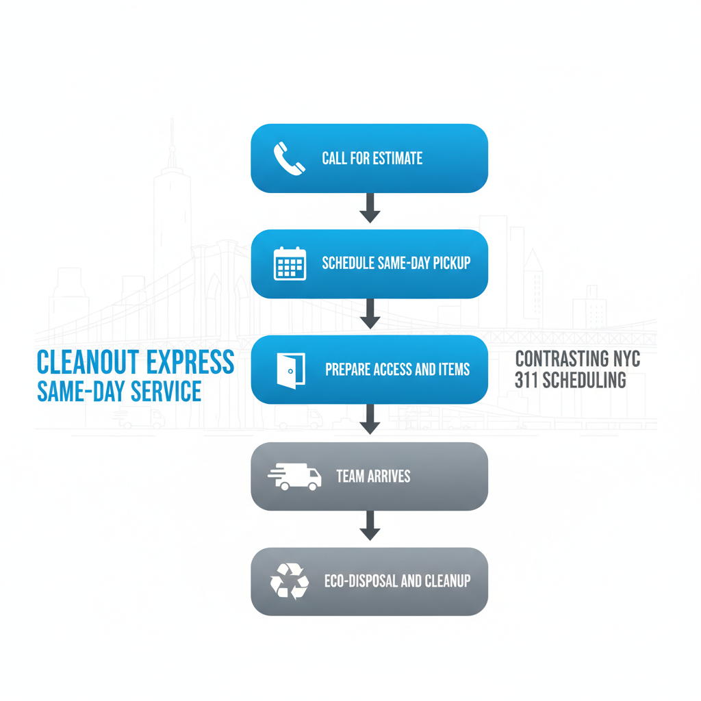Vertical process flow diagram illustrating the steps for professional furniture removal in Brooklyn, including estimate, scheduling, preparation, removal, and disposal.