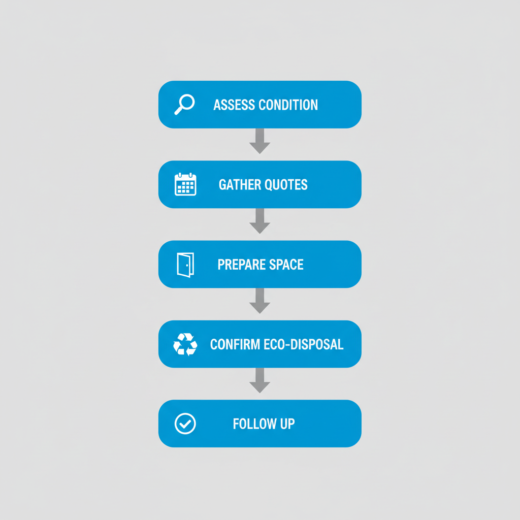 Vertical process flow diagram illustrating five steps for furniture disposal in Brooklyn: assess condition with magnifying glass, gather quotes or schedule with calendar, prepare space with door icon, confirm eco-disposal with recycle symbol, and follow up with checkmark, connected by arrows.