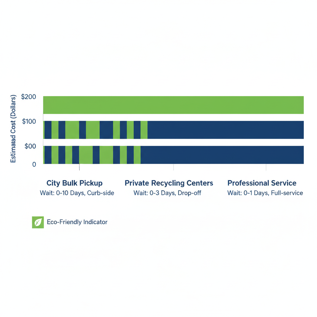 Horizontal bar chart comparing costs and features of couch removal options in Brooklyn: bulk pickup, recycling centers, and professional services.