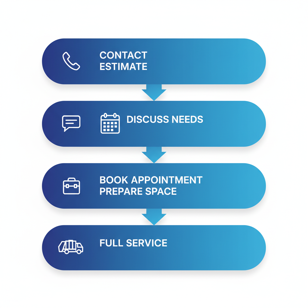 Vertical process flow chart showing five steps to schedule couch removal in New York City: contact for estimate, discuss needs, book appointment, prepare space, and full service with cleanup.