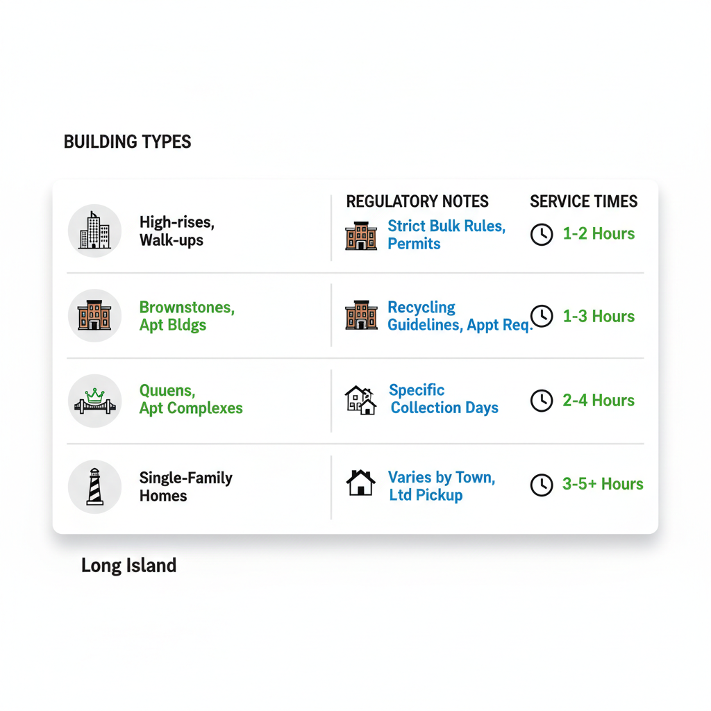 Infographic table displaying sofa removal challenges in Manhattan, Brooklyn, Queens, and Long Island, including building types, regulations, and typical service times with icons.