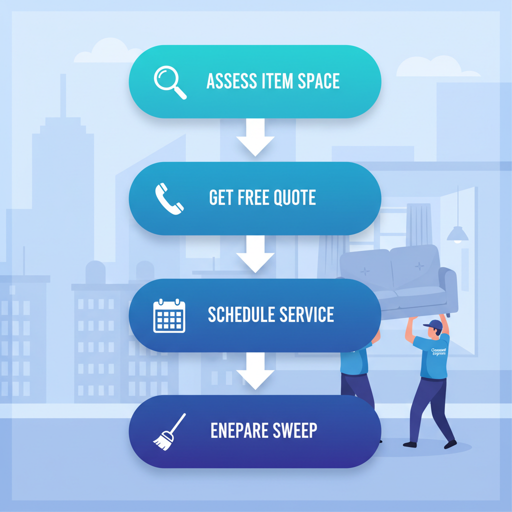 Vertical process flow diagram showing five steps for sofa removal service in NYC with icons.