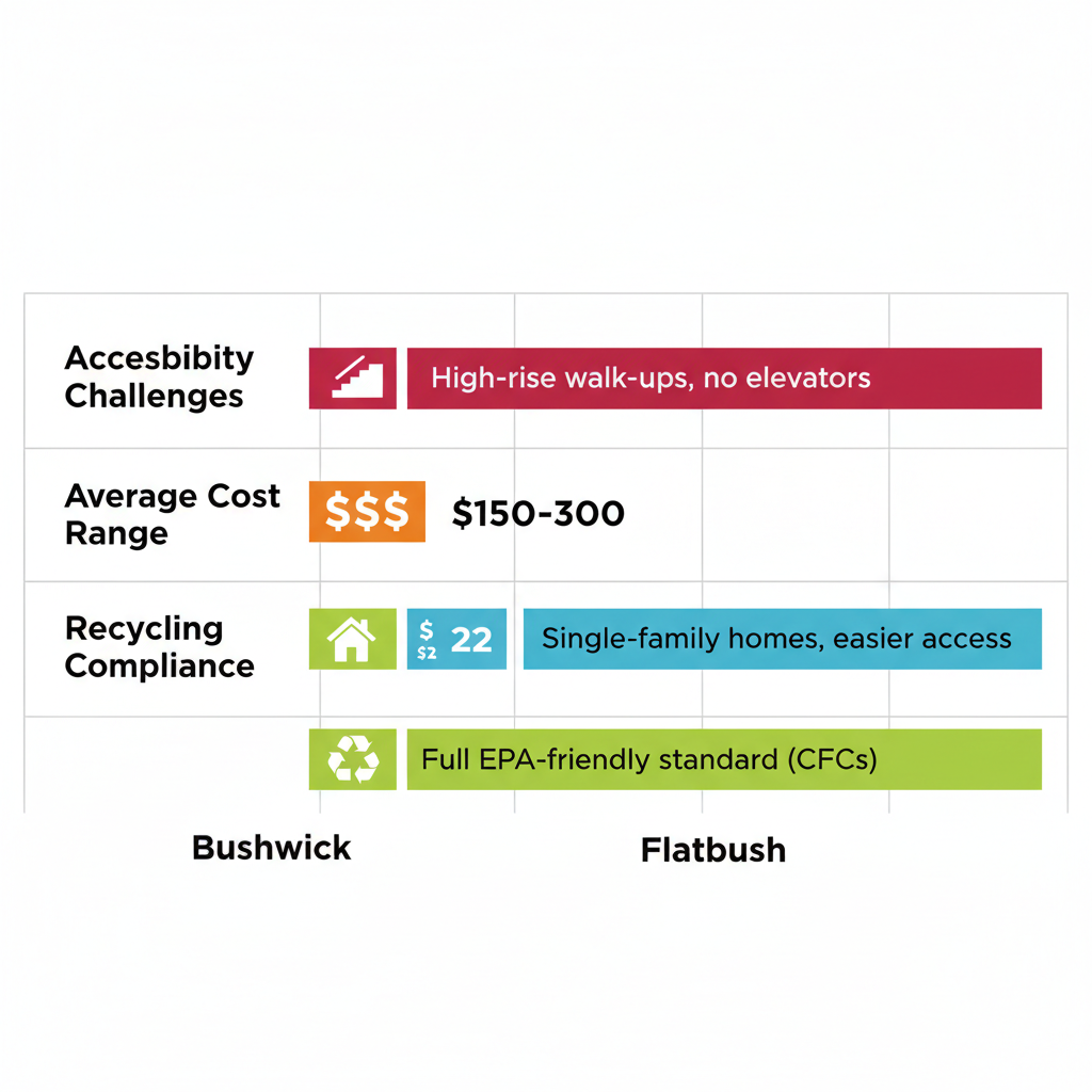 Horizontal bar chart comparing appliance removal challenges, costs, and compliance in Bushwick and Flatbush, Brooklyn