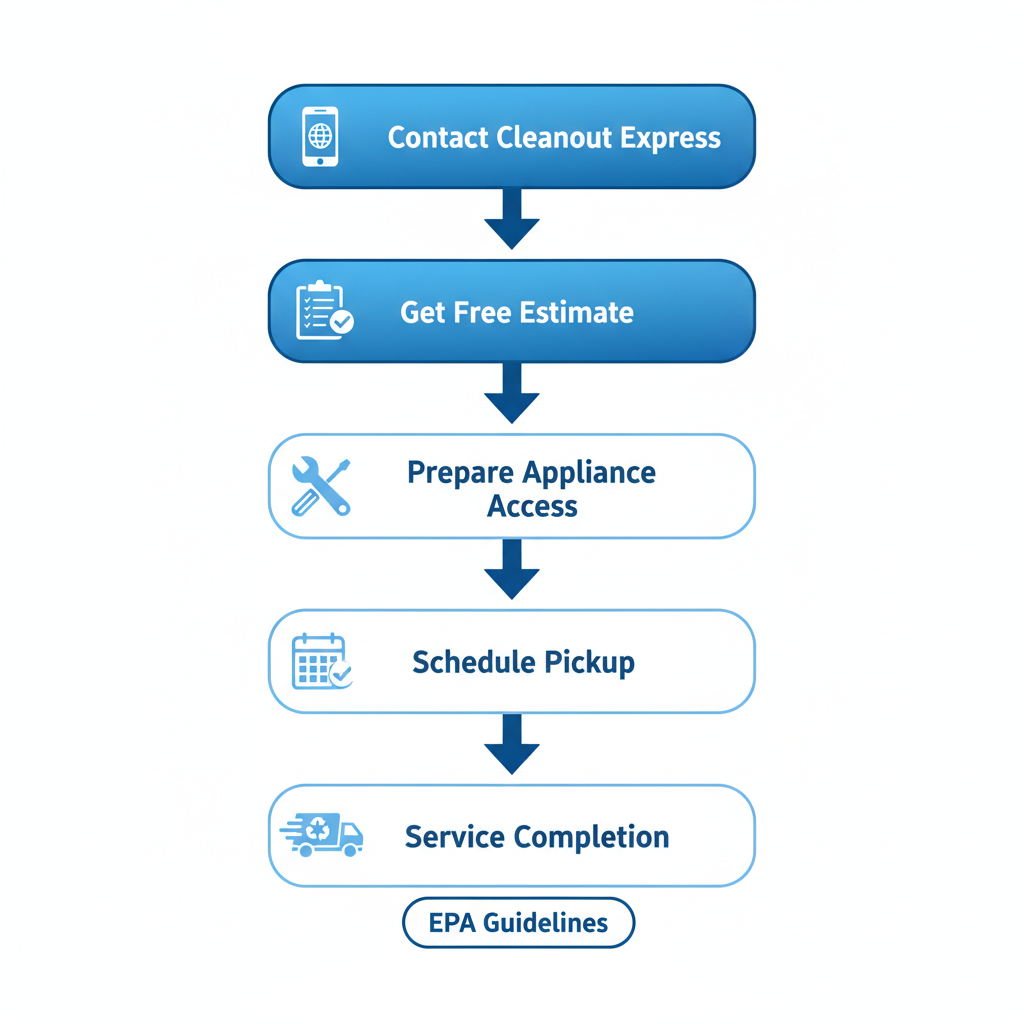 Vertical process flow diagram showing five steps to schedule appliance removal service in Brooklyn