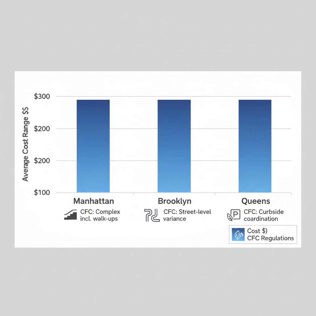 Bar chart comparing refrigerator removal costs and challenges in Manhattan, Brooklyn, and Queens NYC neighborhoods