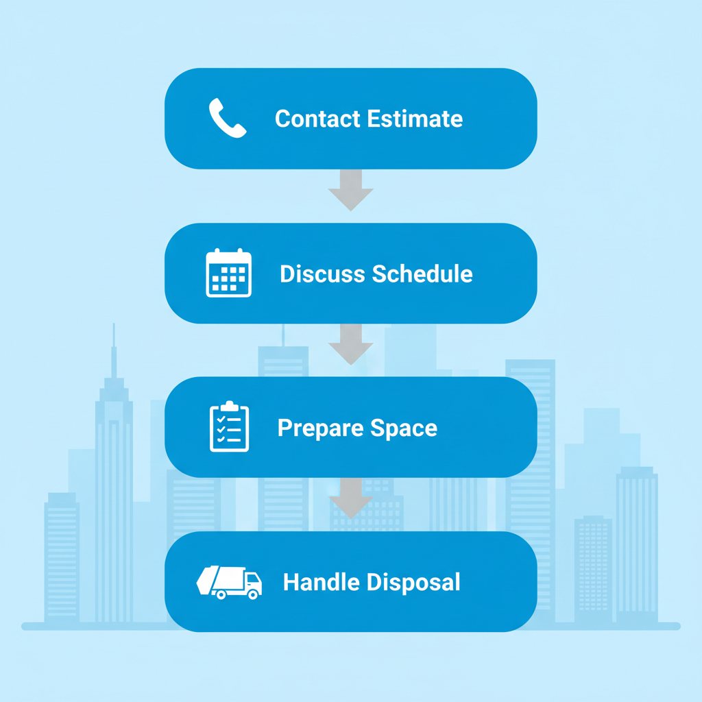 Vertical process flow diagram illustrating four steps for scheduling refrigerator pickup in New York City with icons and arrows.