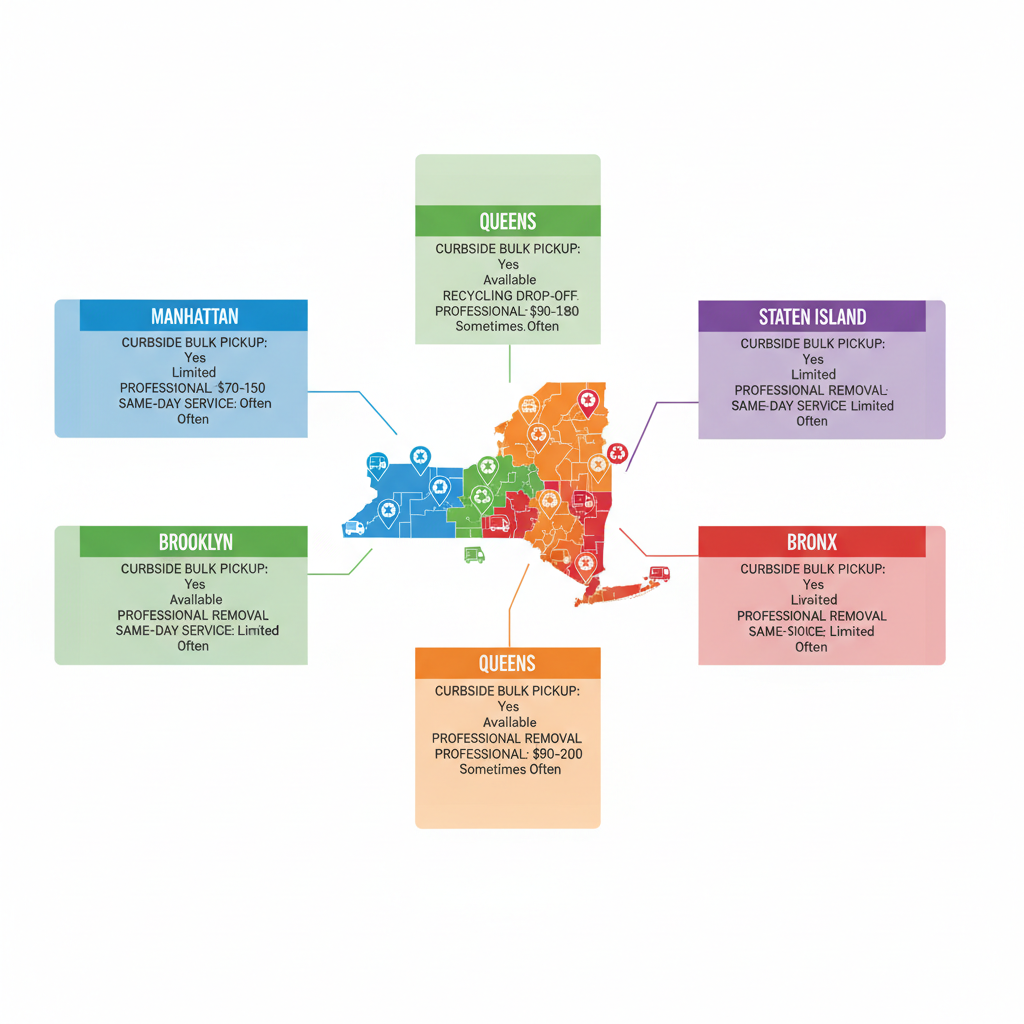 Infographic comparing mattress disposal options across NYC boroughs: curbside pickup, recycling locations, costs from $70 to $200, and same-day services.