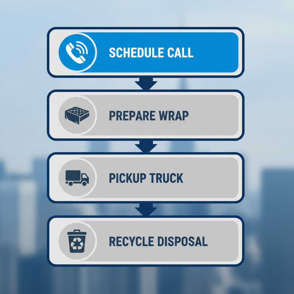 Vertical process flow diagram showing four steps for mattress removal in NYC: scheduling, preparing, pickup, and disposal.