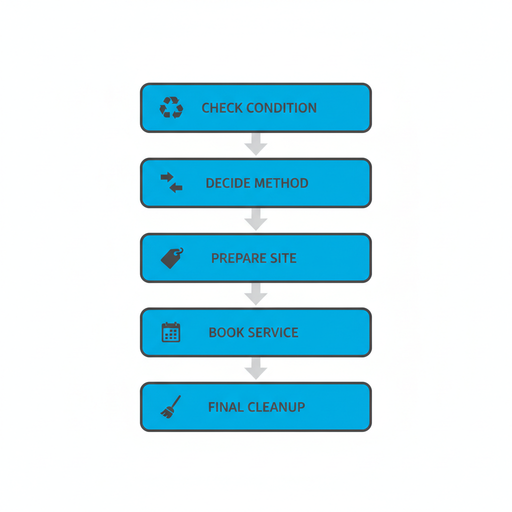 Vertical process flow diagram illustrating the five steps to schedule a mattress removal service in Brooklyn.