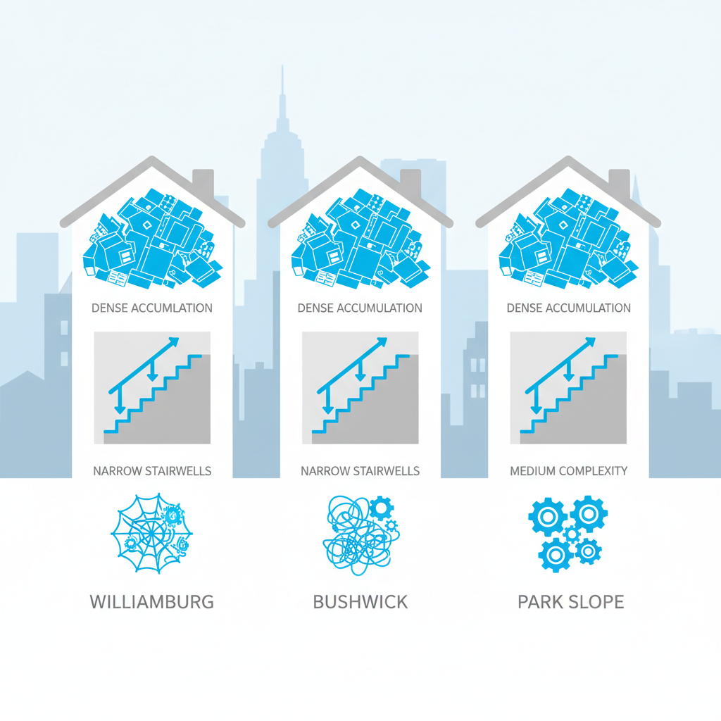 Infographic comparing hoarding cleanout challenges in Williamsburg, Bushwick, and Park Slope neighborhoods of Brooklyn with icons for accumulation, space issues, and complexity levels