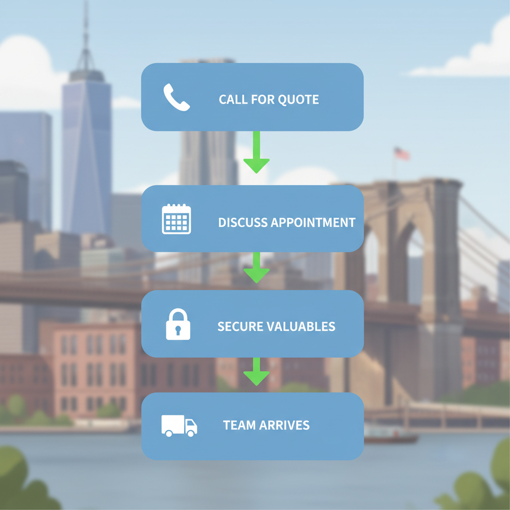 Vertical process flow diagram illustrating five steps to start a hoarding cleanout in Brooklyn: call for quote, discuss needs, schedule appointment, secure valuables, team arrives.