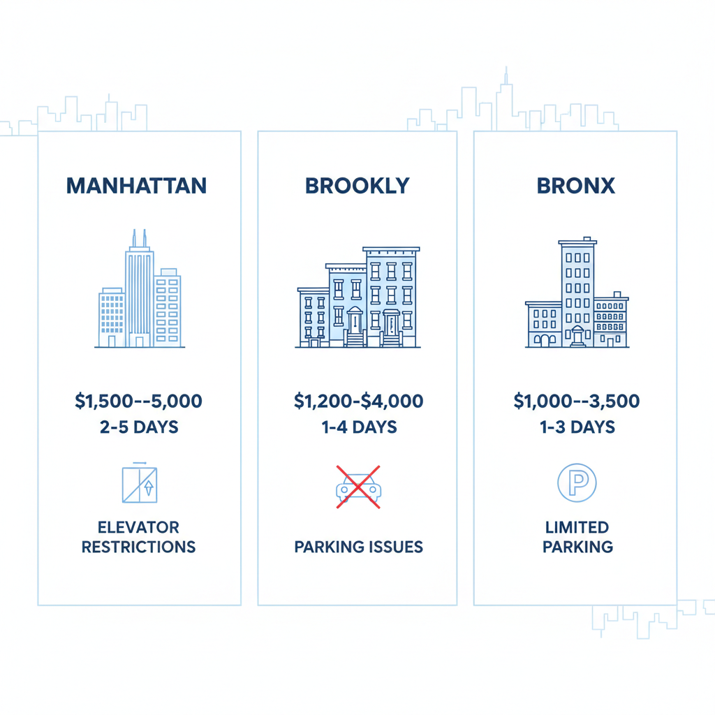 Infographic comparing hoarding cleanout costs, durations, and challenges in Manhattan, Brooklyn, and Bronx NYC neighborhoods with icons and blue scheme.