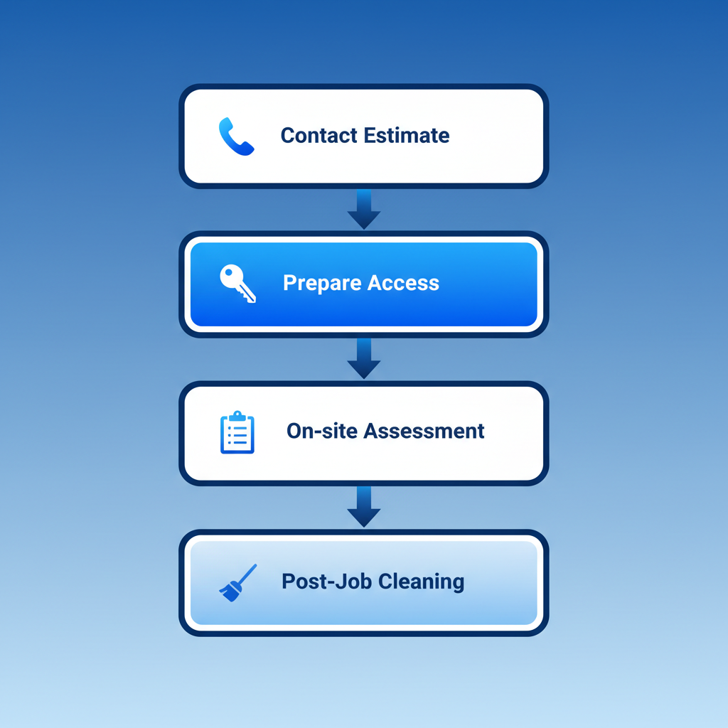 Vertical process flow diagram showing five steps for starting a hoarding cleanout service with icons and labels.