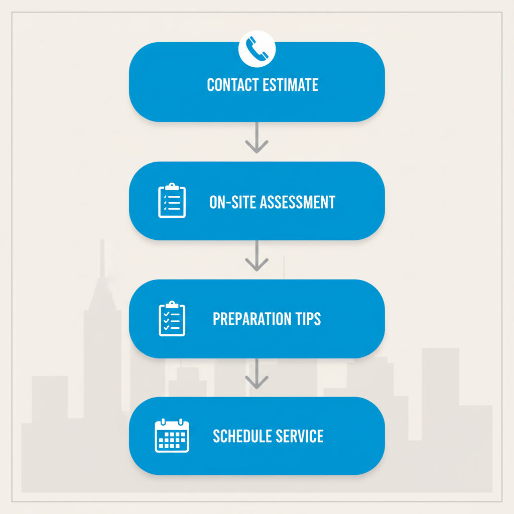 Vertical process flow diagram illustrating four key steps to begin a hoarder cleanout in Brooklyn with icons and labels.